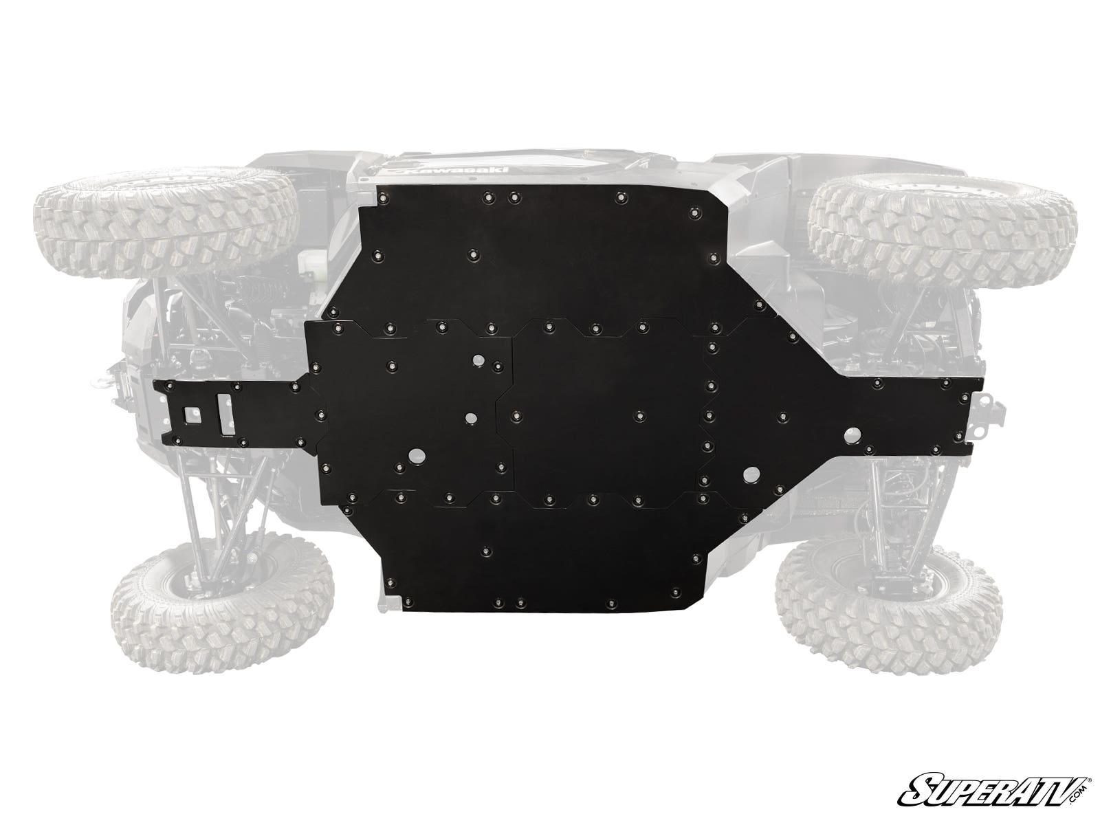 A Kawasaki Ridge Full Skid Plate is mounted beneath an off-road vehicle, seen from below. The large rugged tires and suspension are visible but faded, with the “SuperATV” logo in the lower right corner.