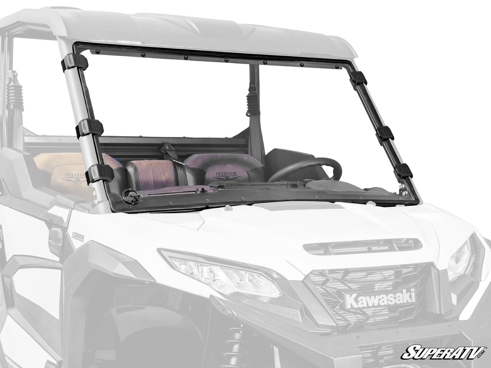 A Kawasaki Ridge Full Windshield with black clamps is mounted on a white Kawasaki utility vehicle. The full-front windshield, held by visible brackets, reveals two seats with headrests and a steering wheel behind the glass.