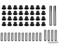 A set of Kawasaki Teryx A-Arm Bushings, including 28 black cylindrical bushings and 14 silver metal sleeves, arranged by type on a white background with the SuperATV logo in the lower right corner.