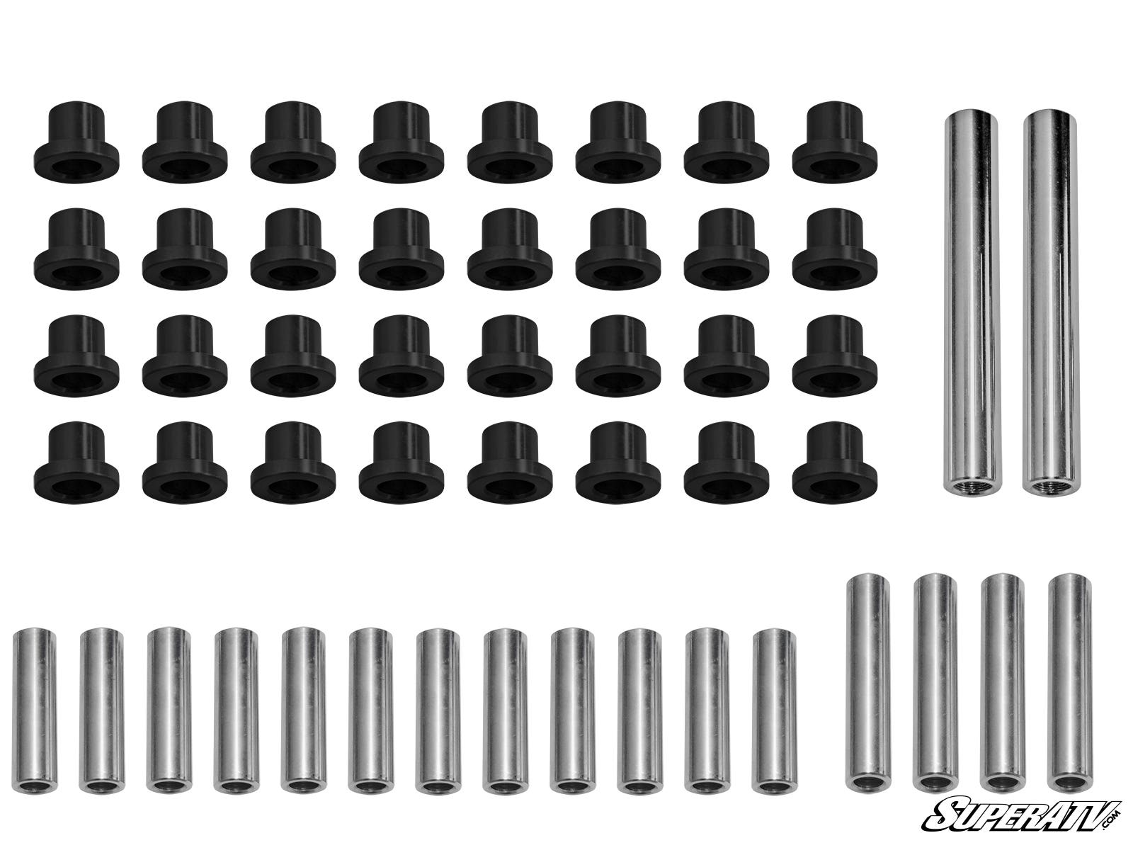 A set of Kawasaki Teryx A-Arm Bushings, including 28 black cylindrical bushings and 14 silver metal sleeves, arranged by type on a white background with the SuperATV logo in the lower right corner.