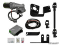 Kawasaki Teryx 4 Power Steering Kit components displayed on a white background, including motor, wiring harness, control box, mounts, brackets, joints, and connector bags. SuperATV logo shown in the bottom right corner.