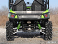 Rear view of a green Kawasaki Teryx 4 with its rear bumper, large rugged tires, bright green suspension springs, exposed undercarriage parts, and visible seats and harnesses; dried grass and a clear sky are in the background.