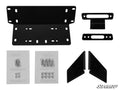 The Kawasaki Teryx Winch Mounting Plate kit includes black metal mounting brackets, two triangular plates, two rectangular fairlead mounts, and hardware in separate packets, neatly arranged on a white background. SuperATV logo at bottom right.