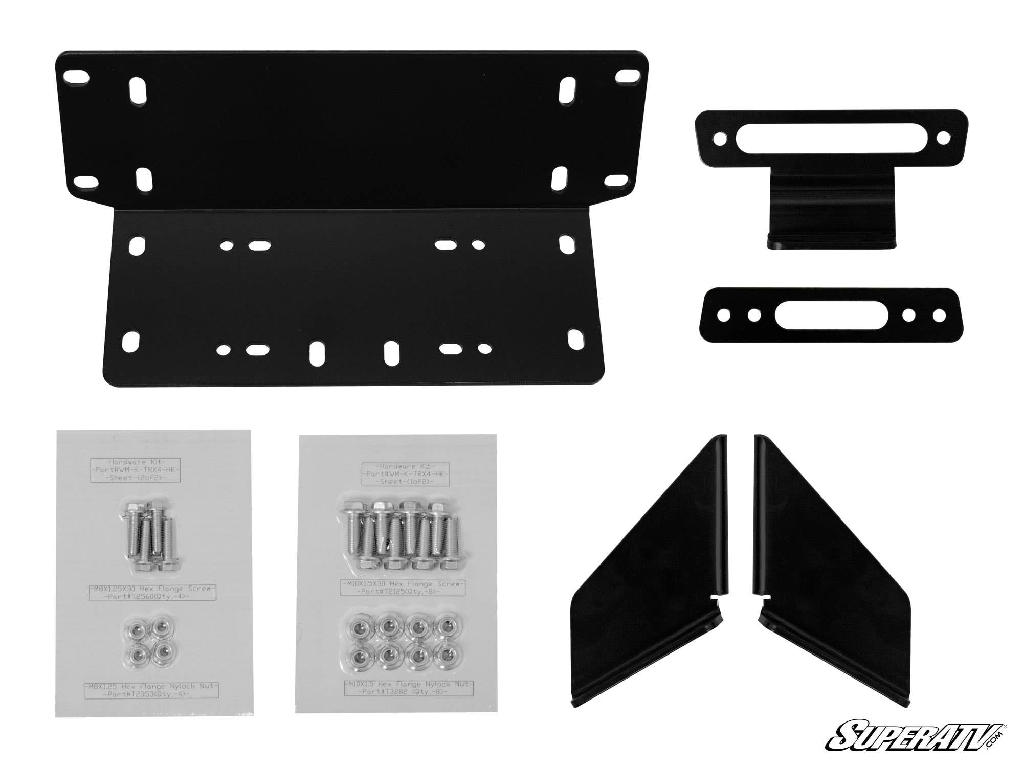 The Kawasaki Teryx Winch Mounting Plate kit includes black metal mounting brackets, two triangular plates, two rectangular fairlead mounts, and hardware in separate packets, neatly arranged on a white background. SuperATV logo at bottom right.