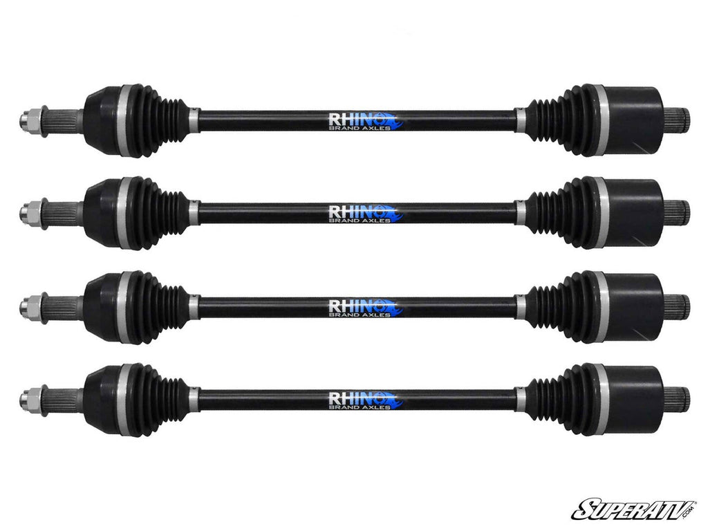 Four black axles from the Kawasaki Teryx 6 Lift Kit are shown horizontally with accordion-style rubber boots and “RHINO Brand Axles” in white and blue. The SuperATV logo appears in the bottom right corner.