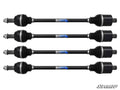 Four black axles from the Kawasaki Teryx 6 Lift Kit are shown horizontally with accordion-style rubber boots and “RHINO Brand Axles” in white and blue. The SuperATV logo appears in the bottom right corner.