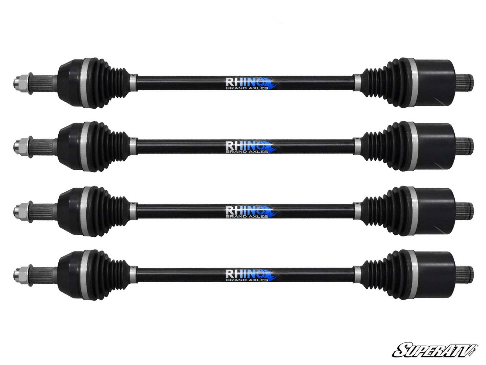 Four black axles from the Kawasaki Teryx 6 Lift Kit are shown horizontally with accordion-style rubber boots and “RHINO Brand Axles” in white and blue. The SuperATV logo appears in the bottom right corner.