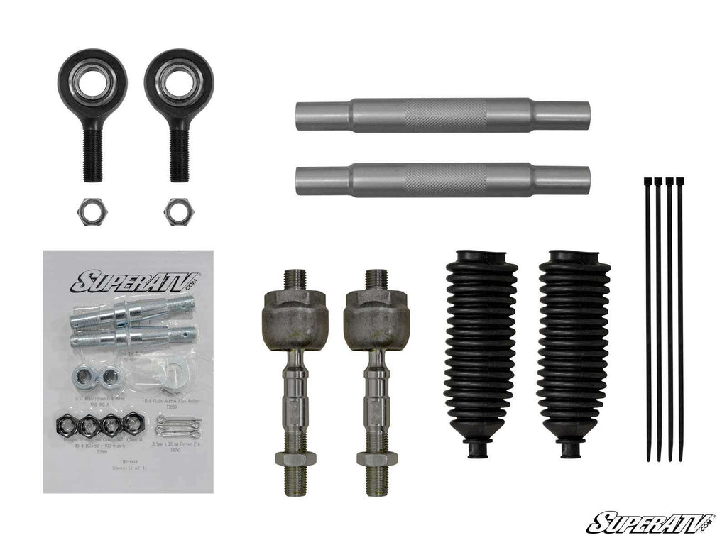 The Kawasaki Teryx Heavy-Duty Tie Rod Kit includes metal rods, tie rod ends, black rubber boots, two black threaded parts, four black zip ties, nuts, bolts, and washers with a SuperATV logo—all neatly arranged on a white background.