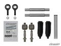 The Kawasaki Teryx Heavy-Duty Tie Rod Kit includes metal rods, tie rod ends, black rubber boots, two black threaded parts, four black zip ties, nuts, bolts, and washers with a SuperATV logo—all neatly arranged on a white background.