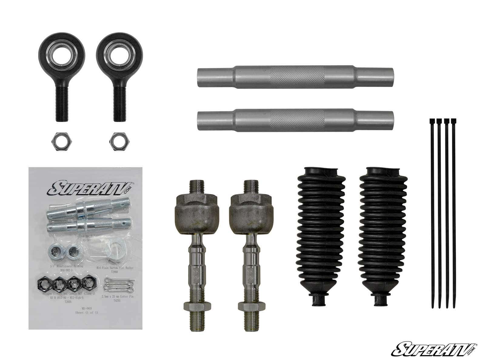 The Kawasaki Teryx Heavy-Duty Tie Rod Kit includes metal rods, tie rod ends, black rubber boots, two black threaded parts, four black zip ties, nuts, bolts, and washers with a SuperATV logo—all neatly arranged on a white background.