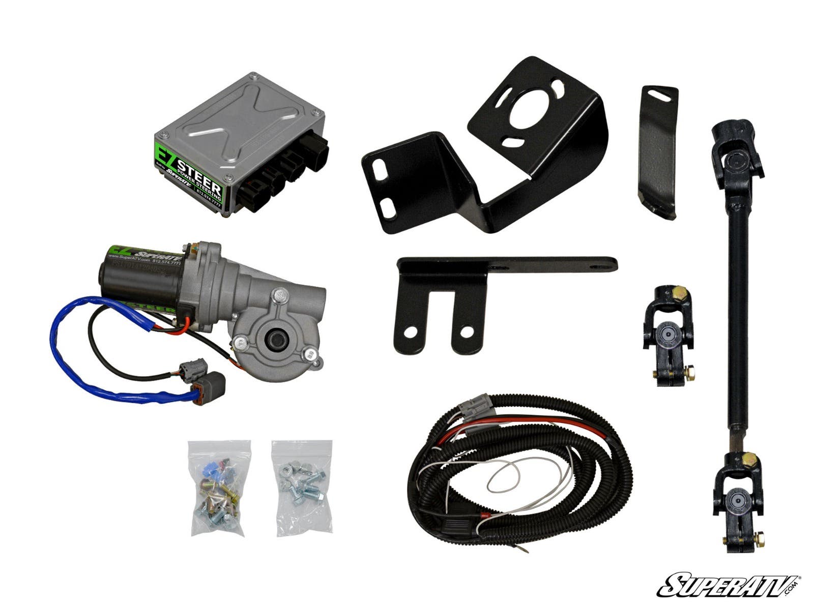 The Kawasaki Teryx Power Steering Kit is displayed with labeled parts: electronic control box, motor, brackets, universal joints, wiring harness, metal rod, and hardware bags. All components are arranged on a white background with the SuperATV logo in the