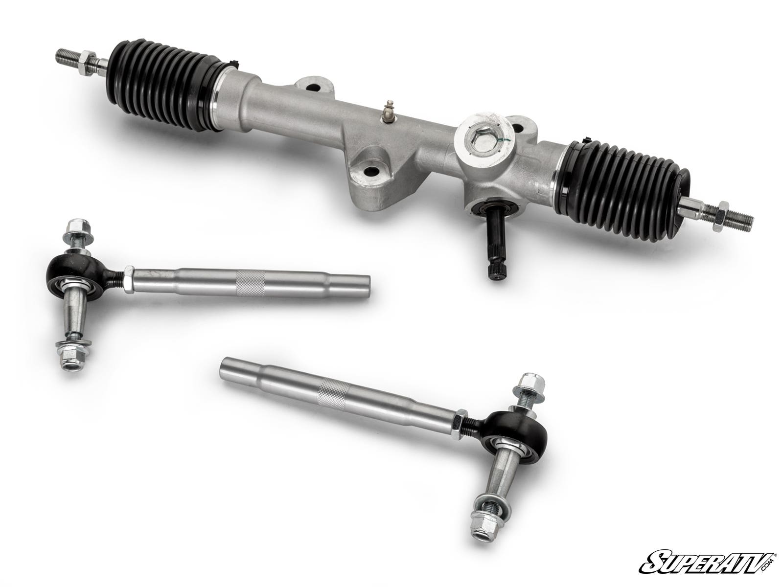A silver Kawasaki Teryx RackBoss 2.0 Rack and Pinion with black rubber boots is displayed above two tie rods with ball joints. The SuperATV logo appears in the bottom right corner on a white background.