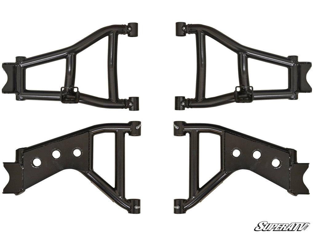 Four black metal Kawasaki Teryx High Clearance 1.5 Rear Offset A-Arms are arranged in pairs on a white background—triangular on top, with three holes below. The SuperATV logo appears in the lower right corner.