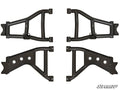 Four black metal Kawasaki Teryx High Clearance 1.5 Rear Offset A-Arms are arranged in pairs on a white background—triangular on top, with three holes below. The SuperATV logo appears in the lower right corner.