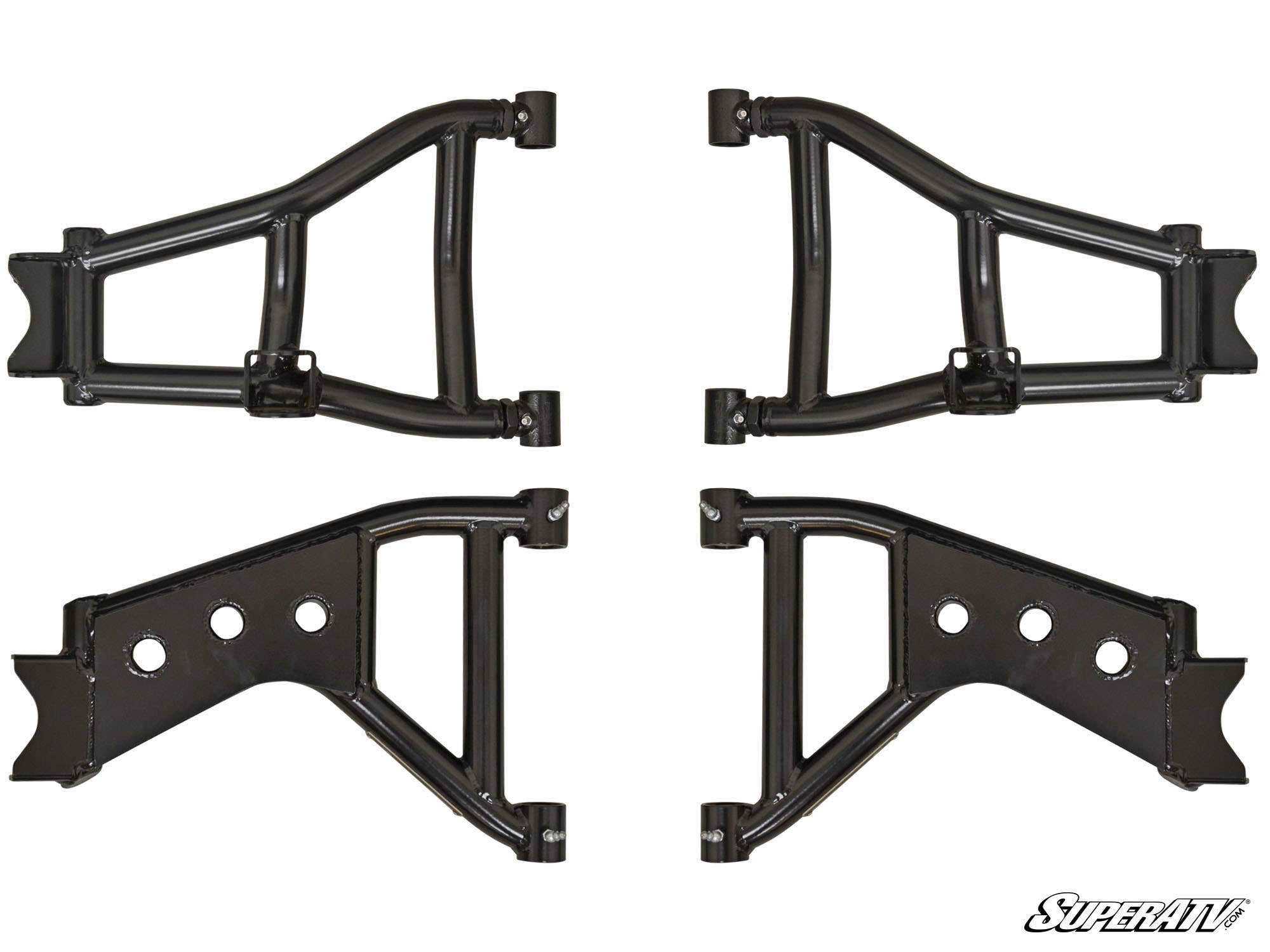 Four black metal Kawasaki Teryx High Clearance 1.5 Rear Offset A-Arms are arranged in pairs on a white background—triangular on top, with three holes below. The SuperATV logo appears in the lower right corner.