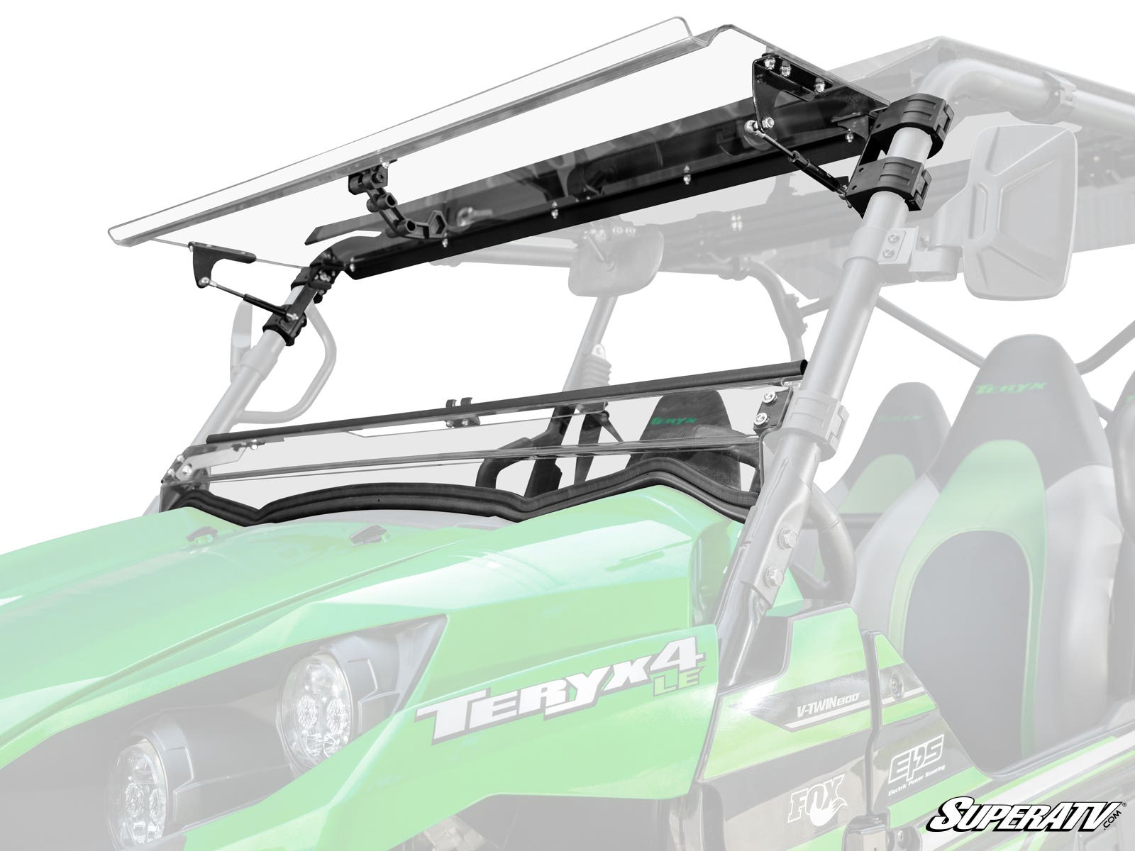 A Kawasaki Teryx S Flip Windshield, shown partially open on a green Teryx4 off-road vehicle, is attached to the roll cage with black brackets. Two bucket seats and the vehicles logo are visible against a white background.