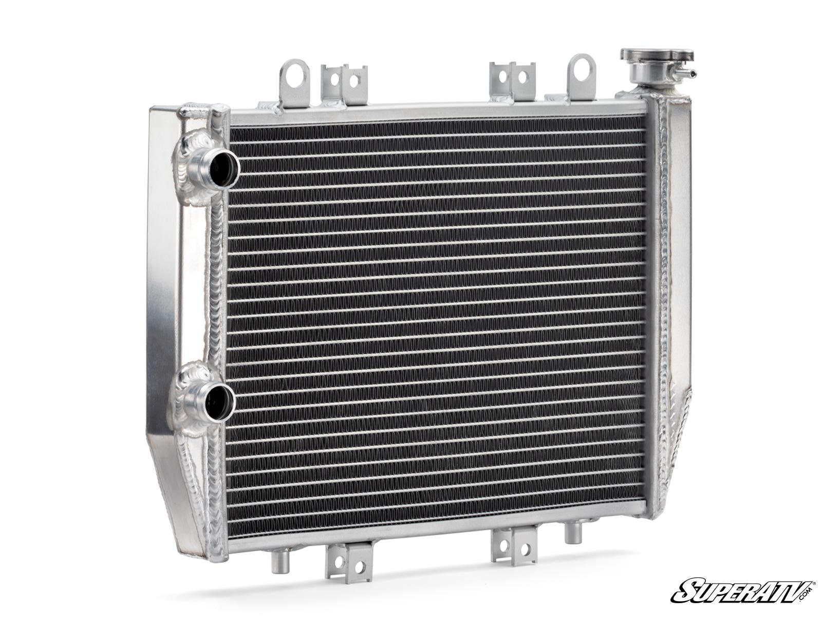 The Up & Running Kawasaki Brute Force 750 Radiator is a shiny, rectangular aluminum ATV radiator with horizontal cooling fins and tubes, left-side inlet and outlet ports, an upper right cap, top and side mounting brackets, and the SuperATV logo at the bot