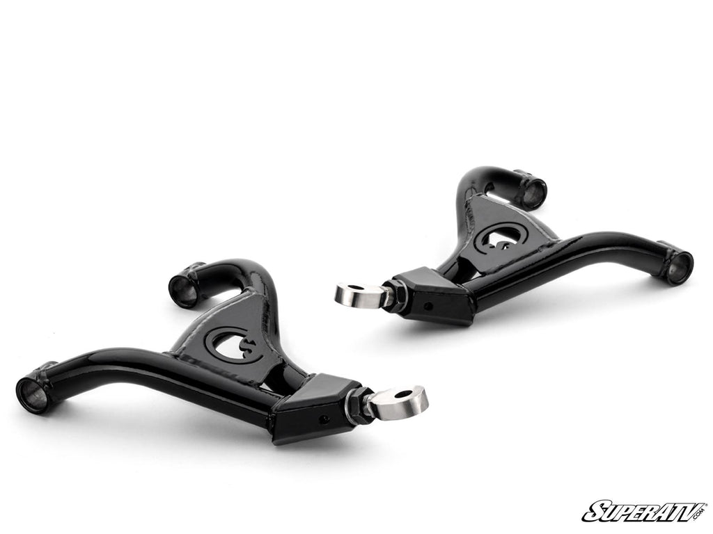 Two black metal Kawasaki Brute Force High-Clearance Lower A-Arms with mounting brackets are shown on a white background. Each has a curved, reinforced design. The SuperATV logo is in the bottom right corner.