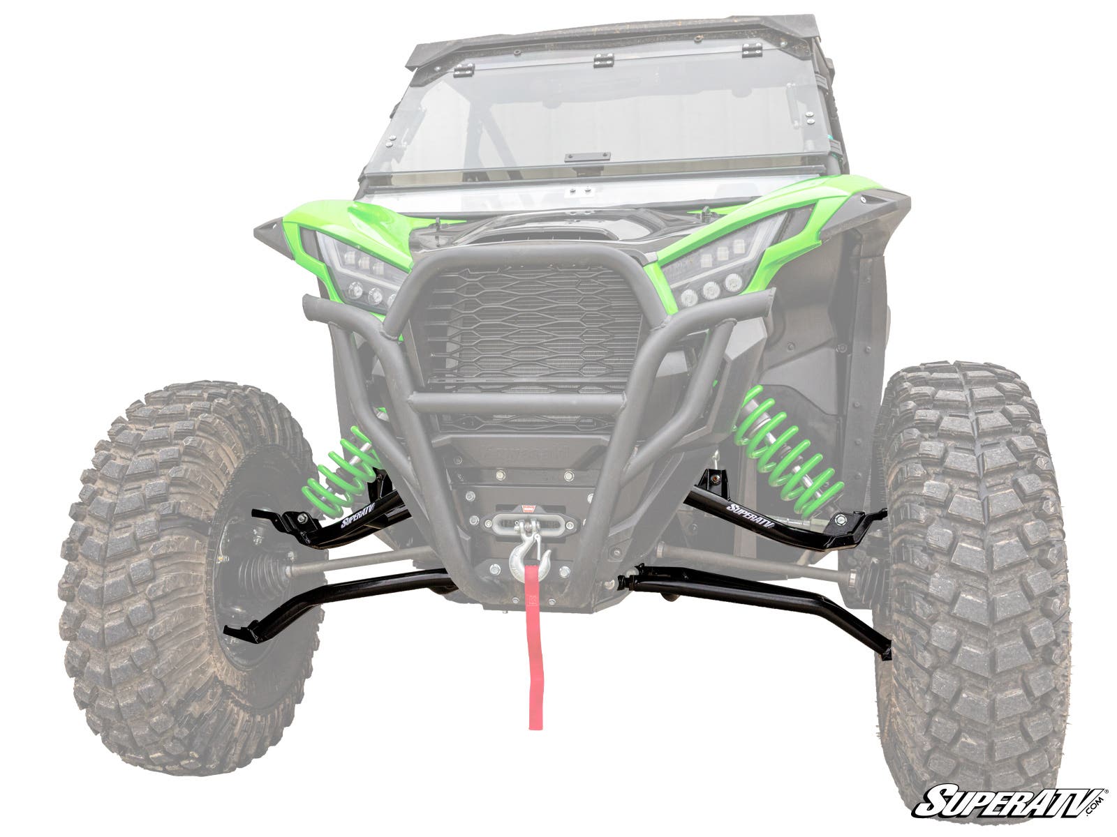 Front view of Kawasaki Teryx KRX High Clearance 1.5 Forward Offset A-Arms with green and black bumper, large rugged tires, bright green suspension springs, and a visible winch with red strap; background faded to spotlight the front suspension.