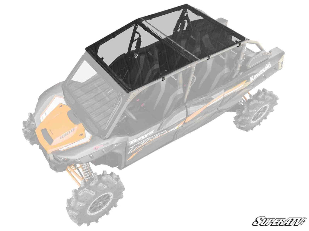 A Kawasaki Teryx KRX 4 1000 Tinted Roof is installed on a four-seat off-road vehicle, emphasizing the roofs structure. The faded vehicle highlights the roof, and the SuperATV logo appears in the lower right corner.