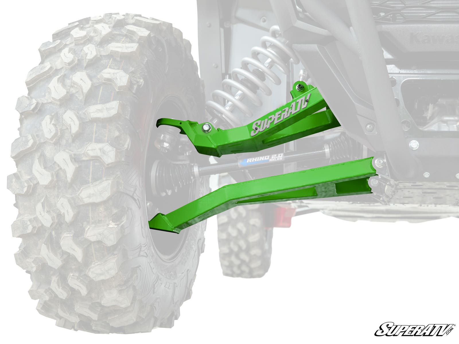 A vivid green Kawasaki Teryx KRX 1000 1.5 Forward Offset Boxed A-Arm suspension system is featured on the front wheel of an off-road vehicle, with the rest of the vehicle and tire faded in gray. The SuperATV logo appears in the bottom right corner.