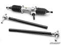 The Kawasaki Teryx KRX 1000 RackBoss 2.0 Rack and Pinion features two black tie rods with silver ends, black rubber boots on each side, and a metallic center section, displayed on a white background with the SuperATV logo in the lower right corner.