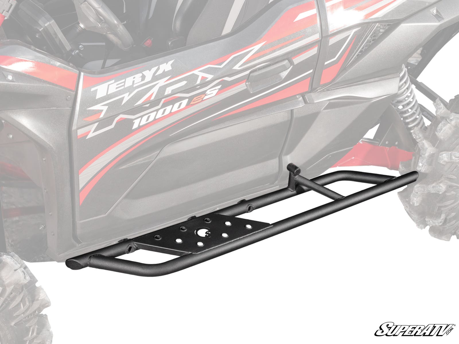 A Kawasaki Teryx KRX 1000 ES in red and black features black metal Tree Kickers with step plates mounted on the sides for protection and easy entry. The SuperATV logo is displayed in the bottom right corner.
