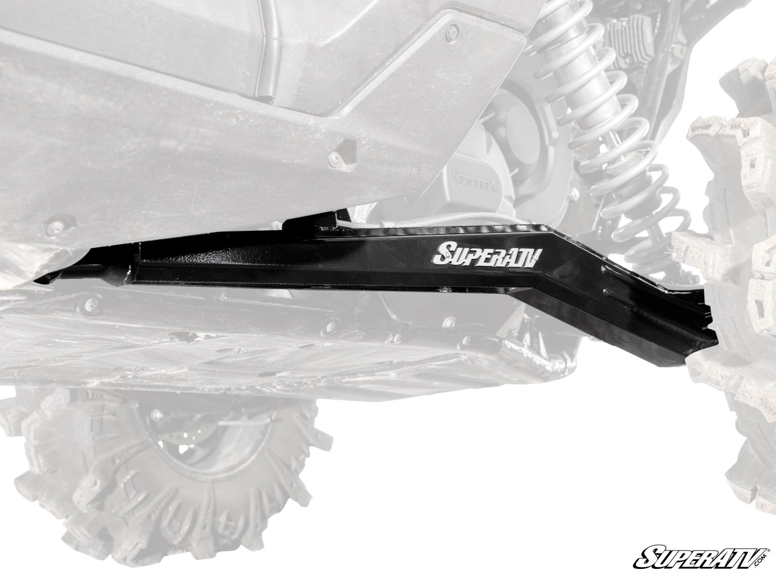A close-up of black metal Kawasaki Teryx KRX 1000 High-Clearance Rear Trailing Arms installed on an off-road vehicle with large treaded tires and visible suspension; the arms are highlighted while the vehicle appears partially faded.
