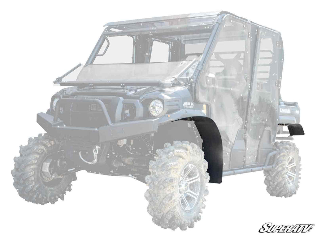 A black Kawasaki Mule Pro Low Profile Fender Flare is featured on the front driver’s side wheel of a partially transparent off-road utility vehicle, with the “SuperATV” logo in the bottom right corner.