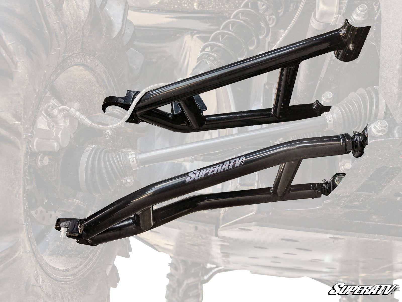 Close-up of two black metal Kawasaki Mule Pro High Clearance 1.5 Offset A-Arms, with sturdy construction and a visible SuperATV logo, shown against a semi-transparent off-road vehicle suspension system background.
