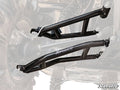 Two black, heavy-duty Kawasaki Mule Pro 1000 High-Clearance 1 Forward Offset A-Arms are displayed in front of a faded grayscale suspension system. The tubular A-arms feature visible mounting points and the SuperATV logo.