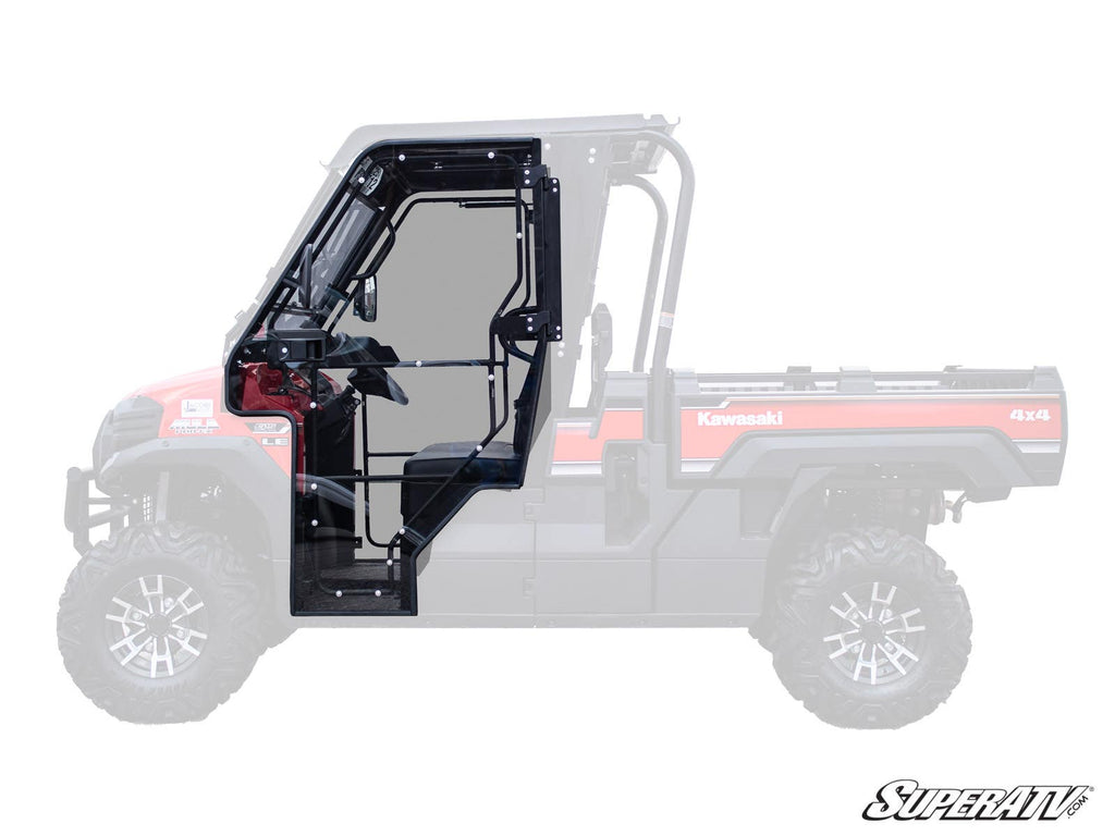 Side profile of a Kawasaki 4x4 with Kawasaki Mule Pro Cab Enclosure Doors highlighted in black, detailing door structure and hardware. The rest of the vehicle is faded, with the SuperATV logo in the bottom right corner.