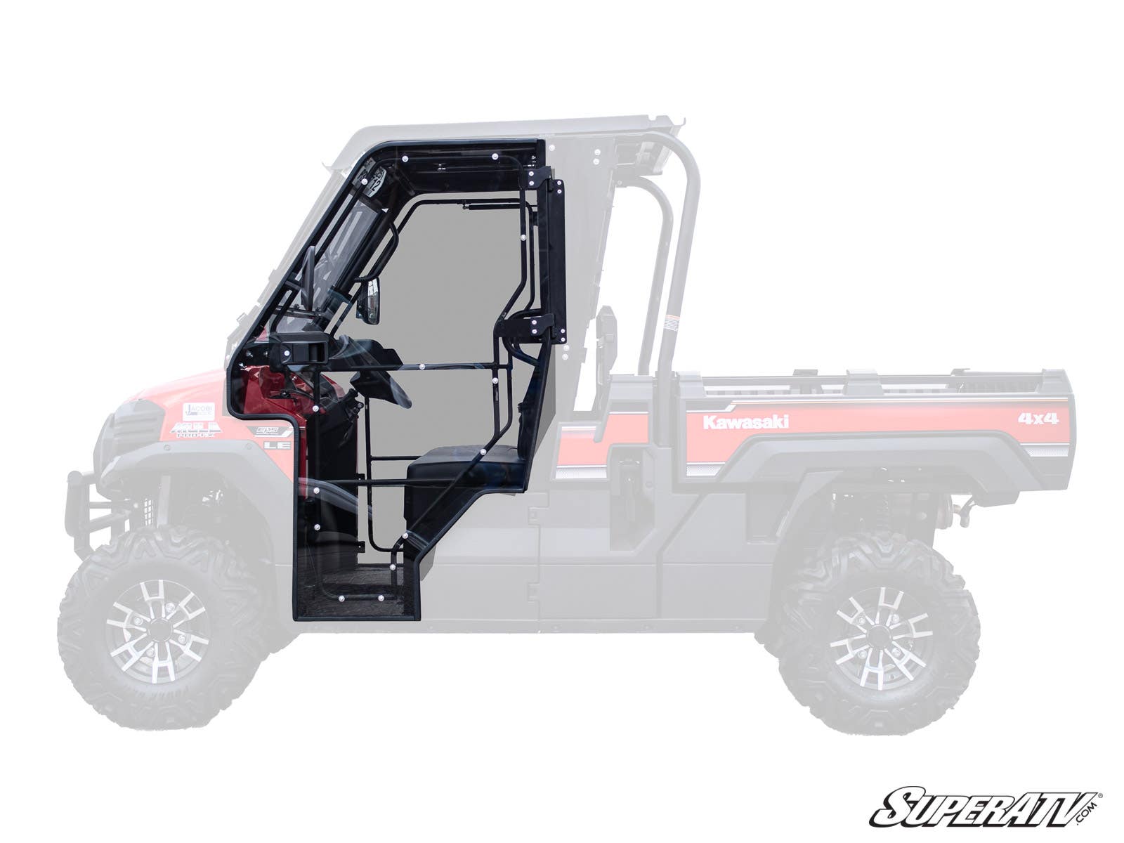 Side profile of a Kawasaki 4x4 with Kawasaki Mule Pro Cab Enclosure Doors highlighted in black, detailing door structure and hardware. The rest of the vehicle is faded, with the SuperATV logo in the bottom right corner.