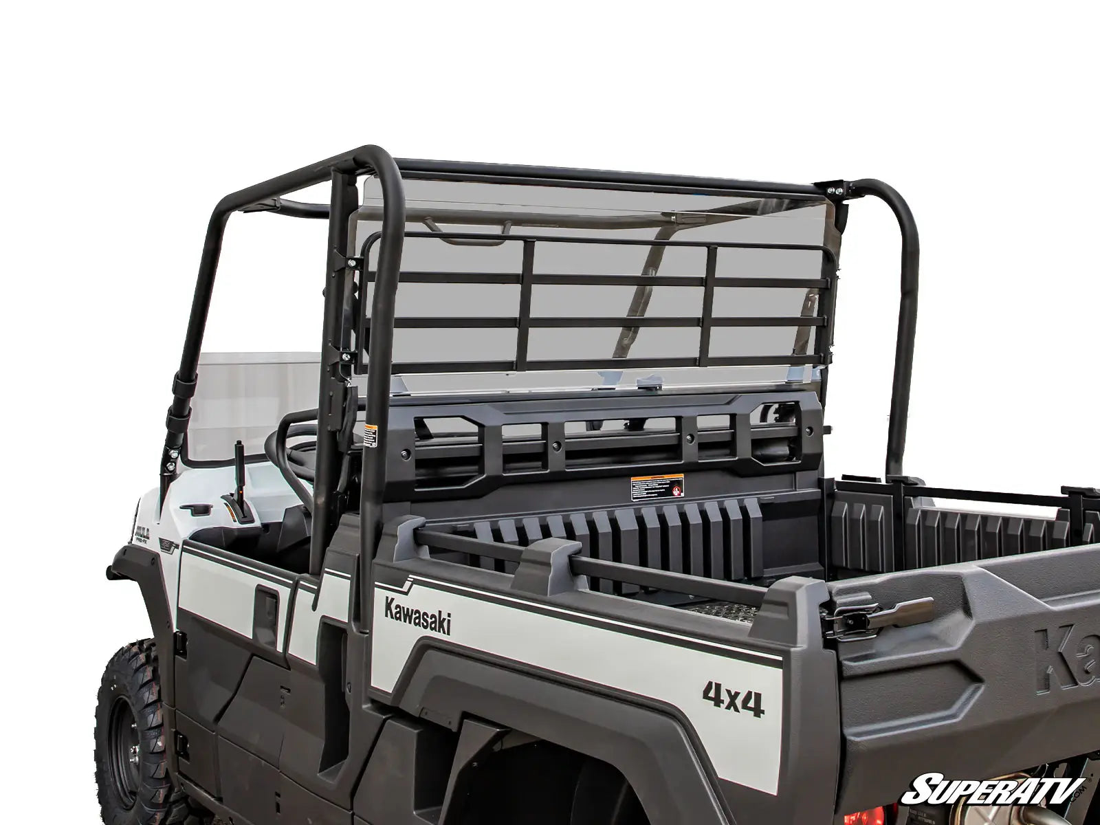 A rear view of a Kawasaki Mule Pro FX with a clear Rear Windshield, open cargo bed, black roll cage, and rugged design is shown against a white background. The SuperATV logo appears in the lower right corner.