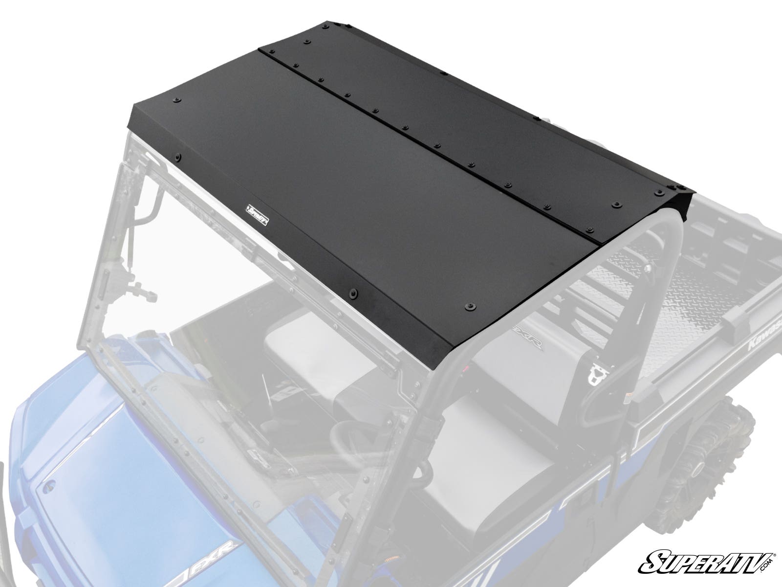 A Kawasaki Mule PRO-FXR Aluminum Roof is mounted on a blue UTV with an open cabin. The rectangular black roof features multiple bolts along its edges and is shown in high detail from an elevated angle.