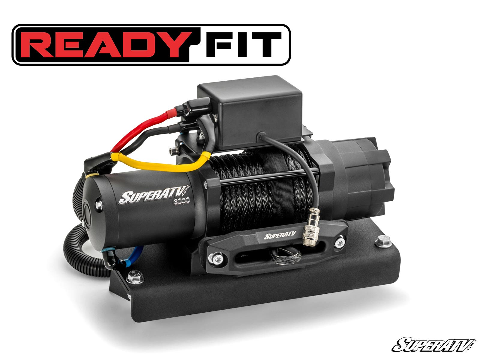 The Kawasaki Mule Pro Ready-Fit Winch features a compact black winch with synthetic rope, mounted on a black base with wires attached and a rectangular control box on top. READY FIT is prominently displayed in bold red and black above the winch.