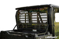 A Kawasaki Mule Pro Rear Windshield made of clear polycarbonate with a horizontal slat design is mounted on a black Kawasaki utility vehicle, separating the driver’s cab from the cargo bed. SuperATV branding appears in the bottom right corner.