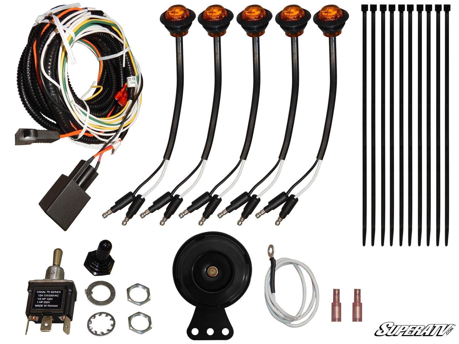 The Kawasaki Mule Pro Plug & Play Turn Signal Kit includes five amber LED lights with wiring, a coiled harness, relay, zip ties, switch, connectors, fuse, mounting hardware, and black horn—all displayed on white with SuperATV logo in the corner.