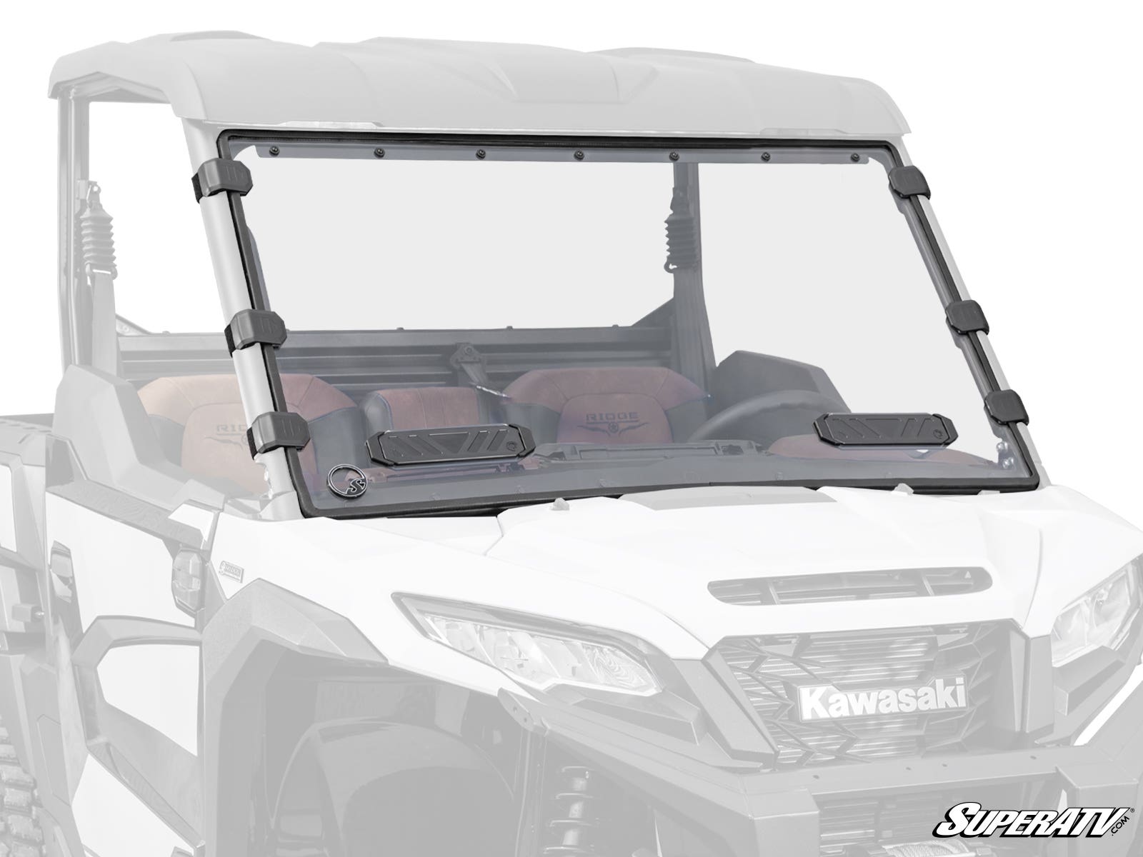 A Kawasaki Ridge Vented Full Windshield with two vents and black clamps is installed on a white Kawasaki utility vehicle. The background and vehicle are faded to highlight the windshield, with the SuperATV logo in the bottom right corner.