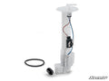 The Up & Running Kawasaki Teryx Fuel Pump, a white plastic assembly with wiring and float sensor, stands upright on a white background with an O-ring gasket beside it. The SuperATV logo is visible in the bottom right corner.