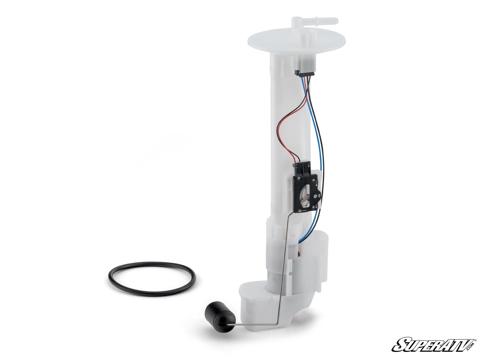 The Up & Running Kawasaki Teryx Fuel Pump, a white plastic assembly with wiring and float sensor, stands upright on a white background with an O-ring gasket beside it. The SuperATV logo is visible in the bottom right corner.