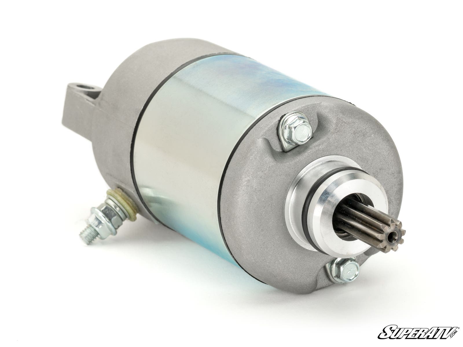 A silver and metallic cylindrical Up & Running Kawasaki KFX 700 Starter with a small gear on one end, bolts at both ends, and a metallic mounting bracket is shown on a white background. The SuperATV logo appears in the bottom right corner.