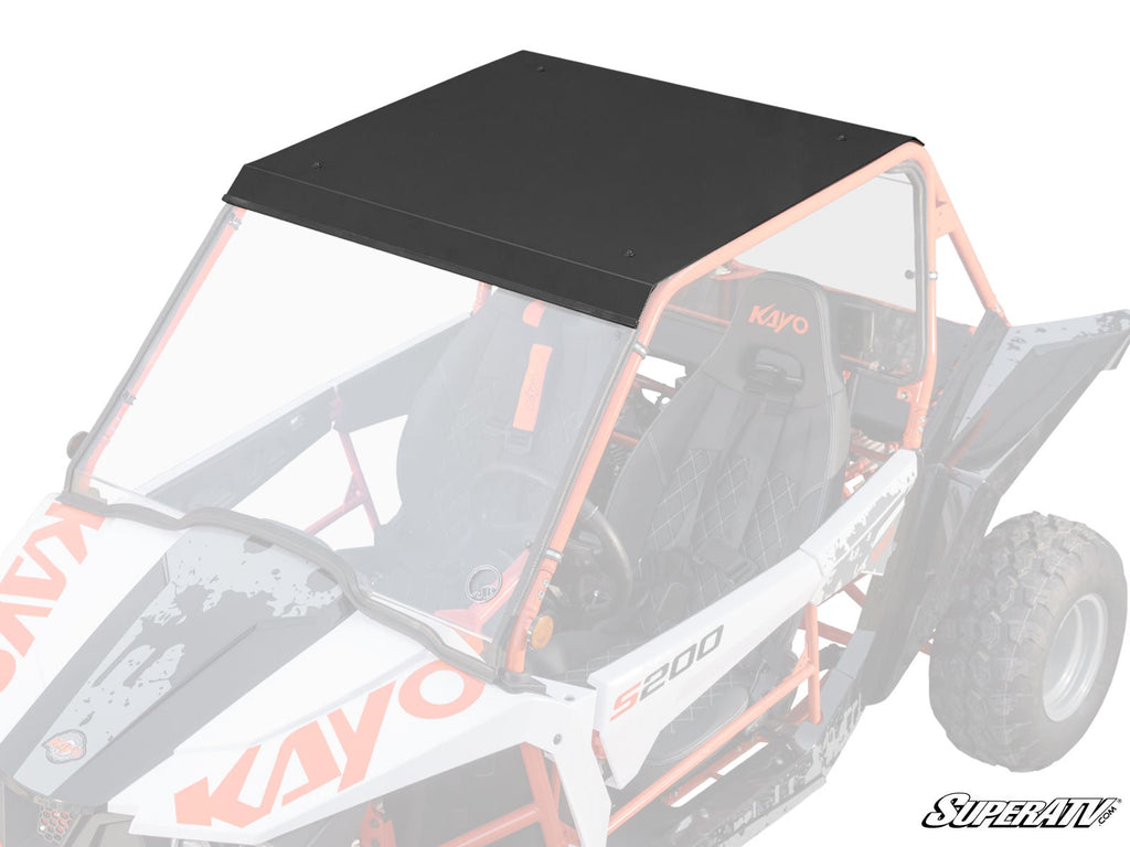 A Kayo S200 Aluminum Roof is installed on a white and orange side-by-side, covering the driver and passenger area to provide shade and protection, with the rest of the vehicle faded out to highlight the roof.