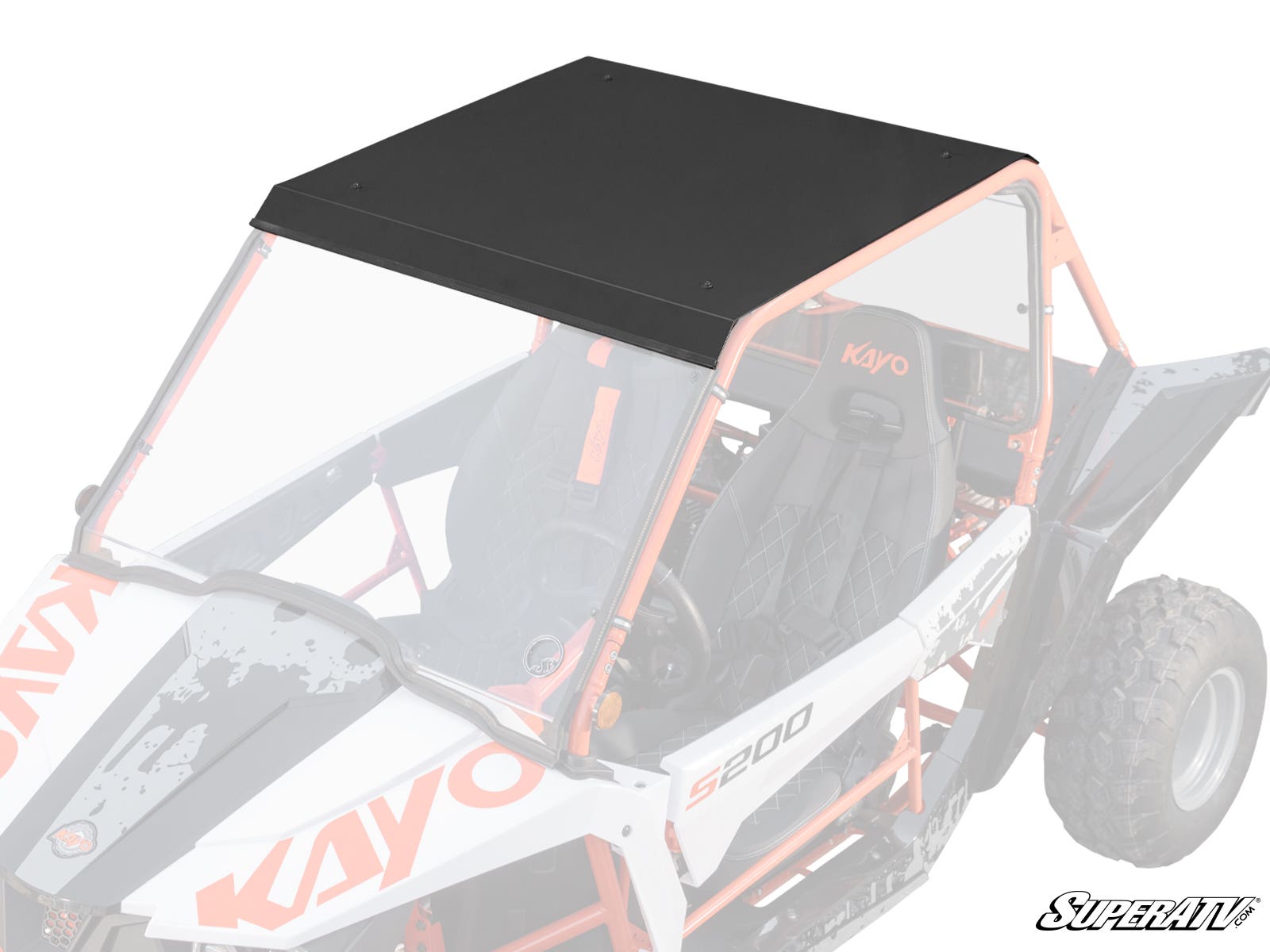 A Kayo S200 Aluminum Roof is installed on a white and orange side-by-side, covering the driver and passenger area to provide shade and protection, with the rest of the vehicle faded out to highlight the roof.
