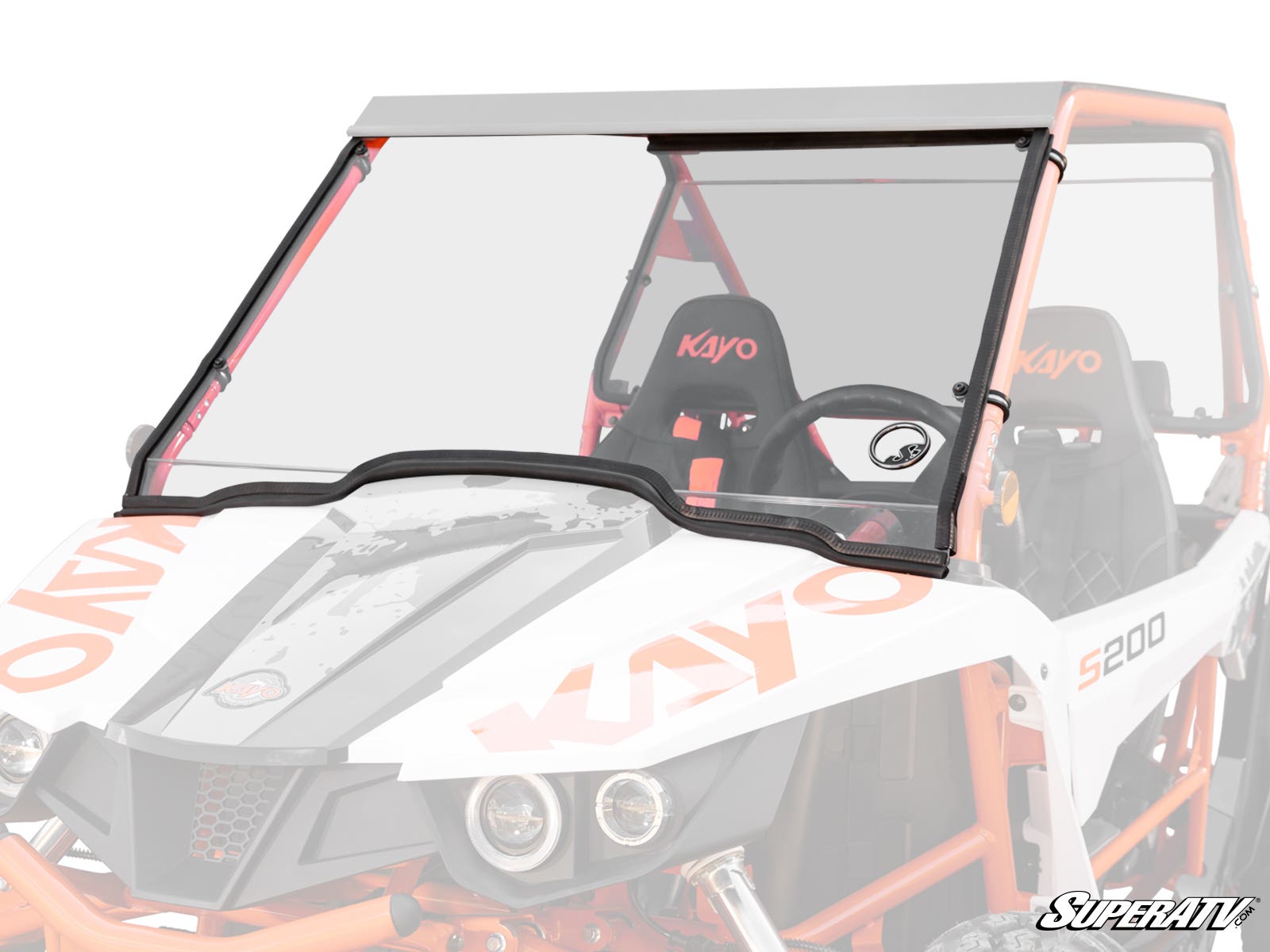 A Kayo S200 Scratch-Resistant Full Windshield with a black frame is installed on a white and orange Kayo S200 side-by-side, showing two branded seats behind it. The SuperATV logo appears in the lower right corner.