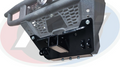 Close-up of a Polaris Ranger Lower 2 Inch Receiver: black metal mounting bracket with square receiver hitch, bolts, and mounting points attached to a reinforced textured frame with mesh openings.