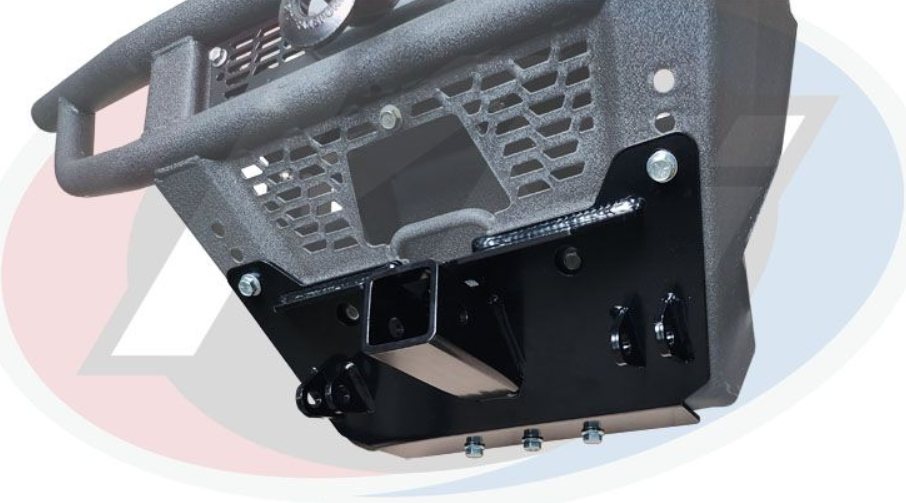 Close-up of a Polaris Ranger Lower 2 Inch Receiver: black metal mounting bracket with square receiver hitch, bolts, and mounting points attached to a reinforced textured frame with mesh openings.