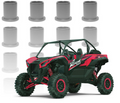 A red and black off-road utility vehicle is centered in front of eight gray bushings, arranged in two rows, showcasing the Titan 2020+ Kawasaki Teryx Krx 1000 HD Bushing Kit against a white background.