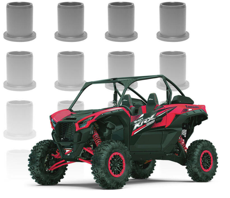 A red and black off-road utility vehicle is centered in front of eight gray bushings, arranged in two rows, showcasing the Titan 2020+ Kawasaki Teryx Krx 1000 HD Bushing Kit against a white background.