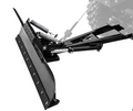 A Kawasaki Teryx Plow Pro Snow Plow, with a black metal blade, coil springs, mounting frame, and hydraulic cylinder for lift and angle adjustment, is attached to a vehicle’s front. A large tire and winch cable are visible in the background.